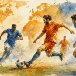 Joueurs de football en mouvement lors d’un match, avec une carte du monde en arrière-plan dans un style aquarelle aux couleurs chaudes et dynamiques.