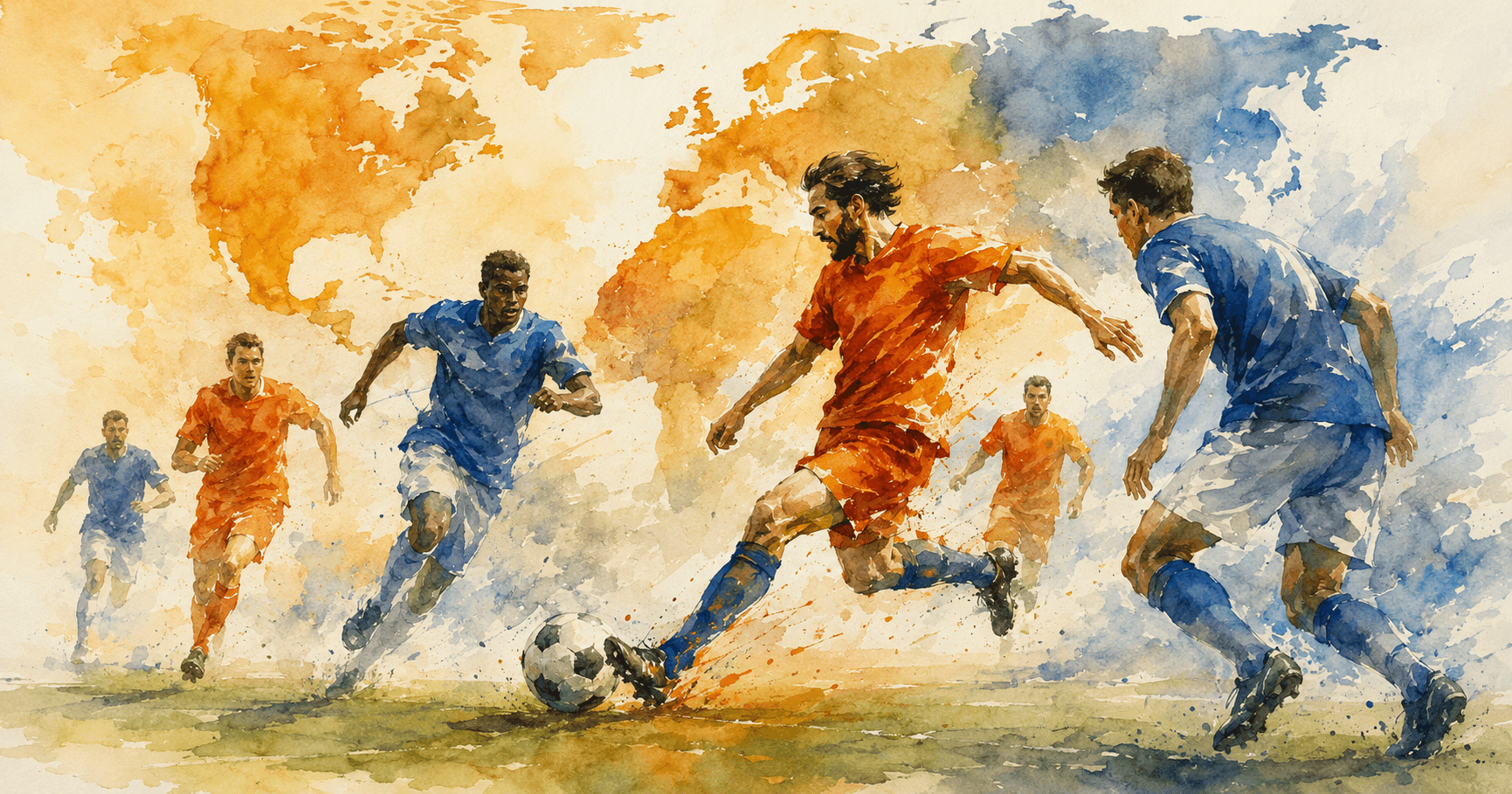 Joueurs de football en mouvement lors d’un match, avec une carte du monde en arrière-plan dans un style aquarelle aux couleurs chaudes et dynamiques.