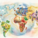Une illustration de style aquarelle représentant une carte du monde stylisée avec des silhouettes de joueurs de football, des drapeaux nationaux et le trophée de la Coupe du Monde de la FIFA au centre.