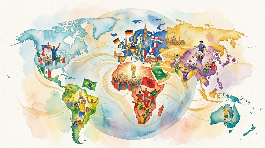 Une illustration de style aquarelle représentant une carte du monde stylisée avec des silhouettes de joueurs de football, des drapeaux nationaux et le trophée de la Coupe du Monde de la FIFA au centre.