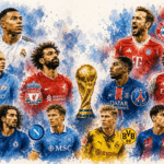 ILLUSTRATION AQUARELLE DES MAILLEURS CLUBS EUROPEENS REPRESENTES AU MONDIAL 2026
