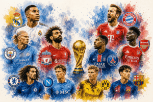 ILLUSTRATION AQUARELLE DES MAILLEURS CLUBS EUROPEENS REPRESENTES AU MONDIAL 2026