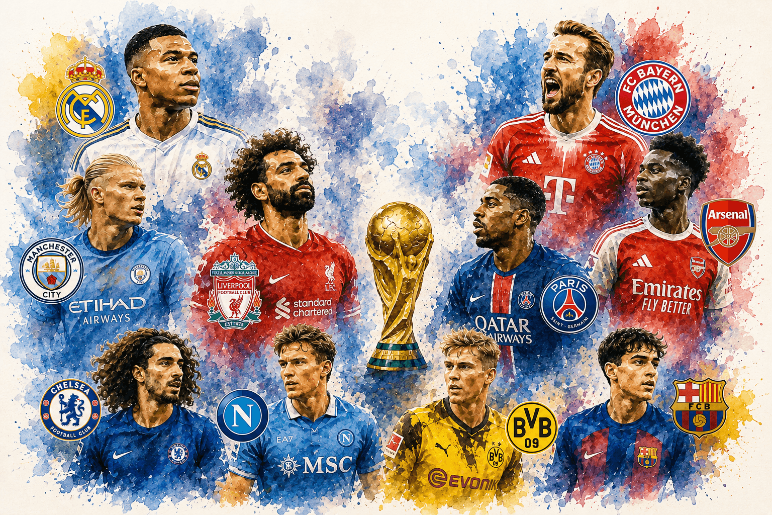 ILLUSTRATION AQUARELLE DES MAILLEURS CLUBS EUROPEENS REPRESENTES AU MONDIAL 2026