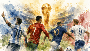 Illustration aquarelle de stars du football visant des records historiques à la Coupe du Monde 2026.