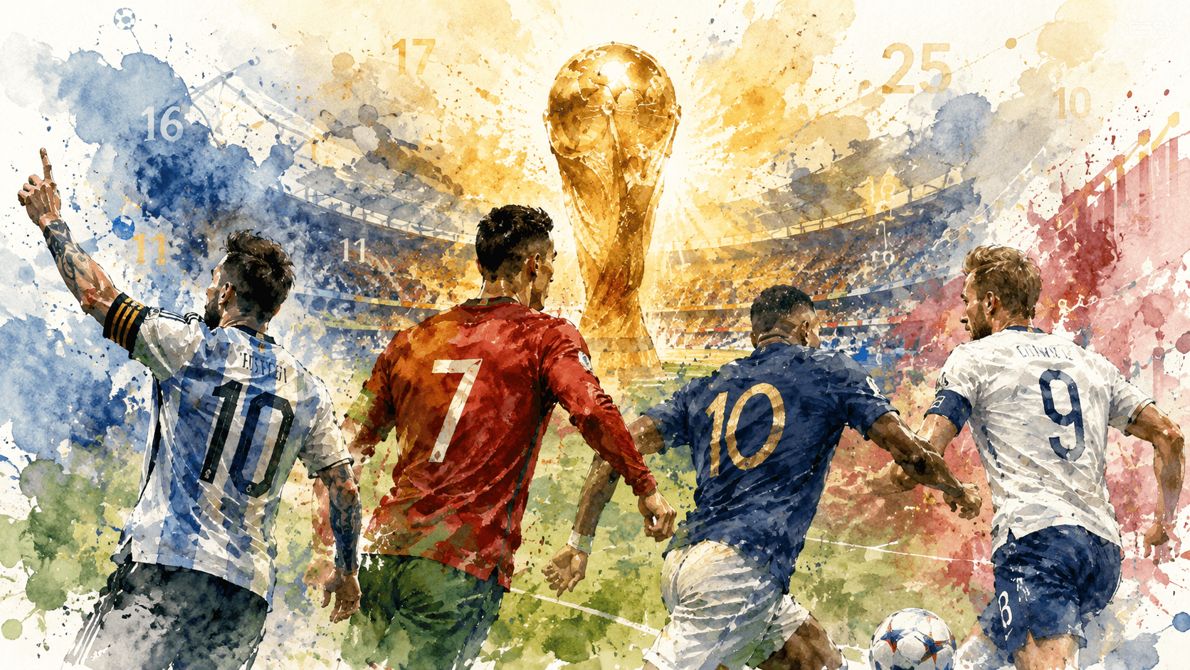Illustration aquarelle de stars du football visant des records historiques à la Coupe du Monde 2026.