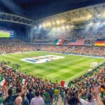 Illustration à l'aquarelle d'un stade de football bondé de nuit, avec le logo de la Coupe du Monde de la FIFA 2026 sur la pelouse et les drapeaux du Mexique, des États-Unis et de l'Allemagne dans les tribunes sous les projecteurs.