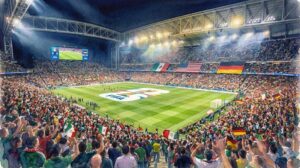 Illustration à l'aquarelle d'un stade de football bondé de nuit, avec le logo de la Coupe du Monde de la FIFA 2026 sur la pelouse et les drapeaux du Mexique, des États-Unis et de l'Allemagne dans les tribunes sous les projecteurs.