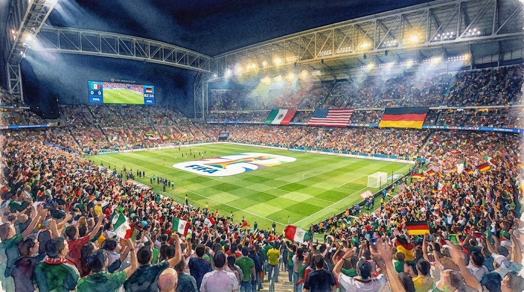 Illustration à l'aquarelle d'un stade de football bondé de nuit, avec le logo de la Coupe du Monde de la FIFA 2026 sur la pelouse et les drapeaux du Mexique, des États-Unis et de l'Allemagne dans les tribunes sous les projecteurs.