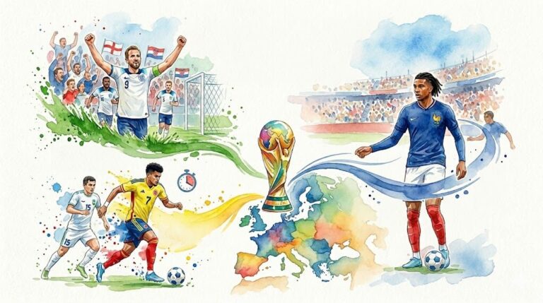 Illustration artistique style aquarelle représentant les trois attaquants du Bayern Munich, Harry Kane, Luis Díaz et Michael Olise, sous les couleurs de leurs sélections nationales respectives pour la Coupe du Monde 2026.