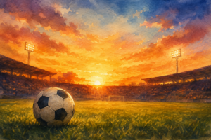 Illustration en aquarelle d'un stade de football au coucher du soleil avec un ballon noir et blanc posé sur la pelouse et des gradins en arrière-plan.