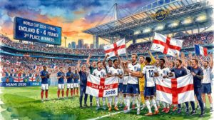 Illustration à l'aquarelle des joueurs de l'équipe d'Angleterre de football célébrant leur troisième place à la Coupe du monde 2026 au Hard Rock Stadium de Miami après avoir battu la France 6-4.