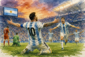 Illustration aquarelle de joueurs argentins célébrant leur victoire contre la Suisse après prolongation en quart de finale de la Coupe du monde 2026 dans un stade rempli de supporters.