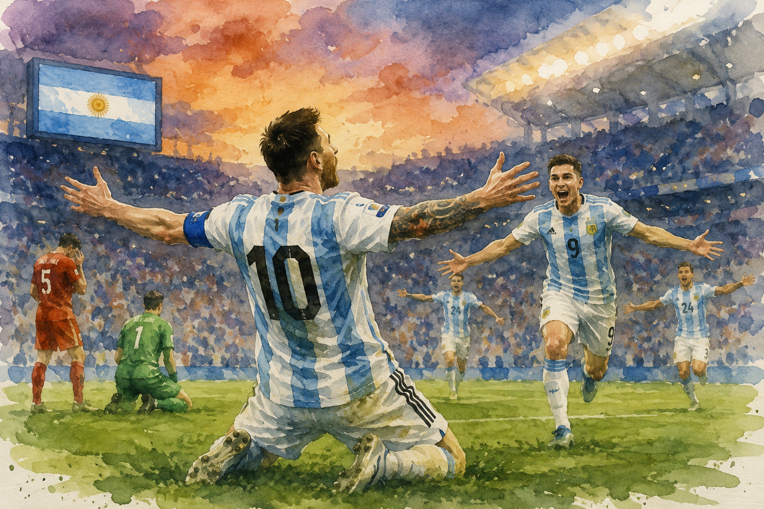 Illustration aquarelle de joueurs argentins célébrant leur victoire contre la Suisse après prolongation en quart de finale de la Coupe du monde 2026 dans un stade rempli de supporters.