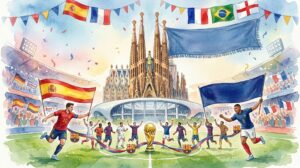 Illustration à l'aquarelle montrant des joueurs de football aux couleurs de Barcelone, de l'Espagne et de la France célébrant sur le terrain autour du trophée de la Coupe du Monde, avec la Sagrada Família en arrière-plan sous un ciel de drapeaux.