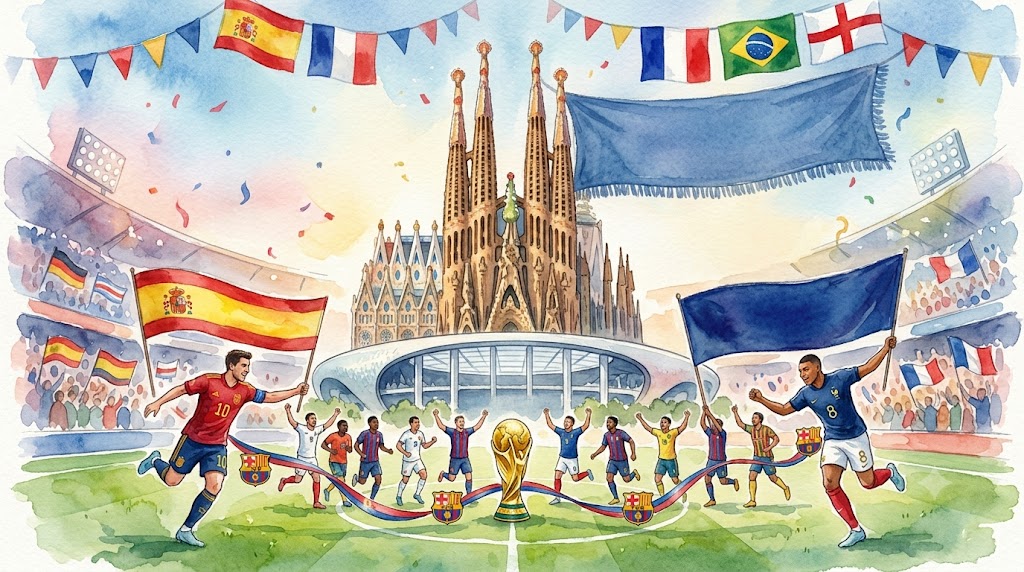 Illustration à l'aquarelle montrant des joueurs de football aux couleurs de Barcelone, de l'Espagne et de la France célébrant sur le terrain autour du trophée de la Coupe du Monde, avec la Sagrada Família en arrière-plan sous un ciel de drapeaux.
