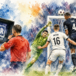 Illustration aquarelle d'un arbitre utilisant le VAR pendant une action devant le but lors du match Allemagne–Paraguay à la Coupe du monde 2026.