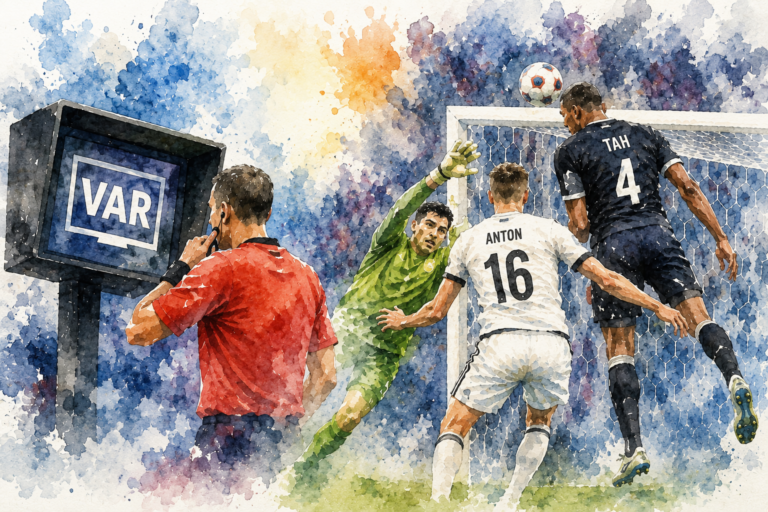 Illustration aquarelle d'un arbitre utilisant le VAR pendant une action devant le but lors du match Allemagne–Paraguay à la Coupe du monde 2026.