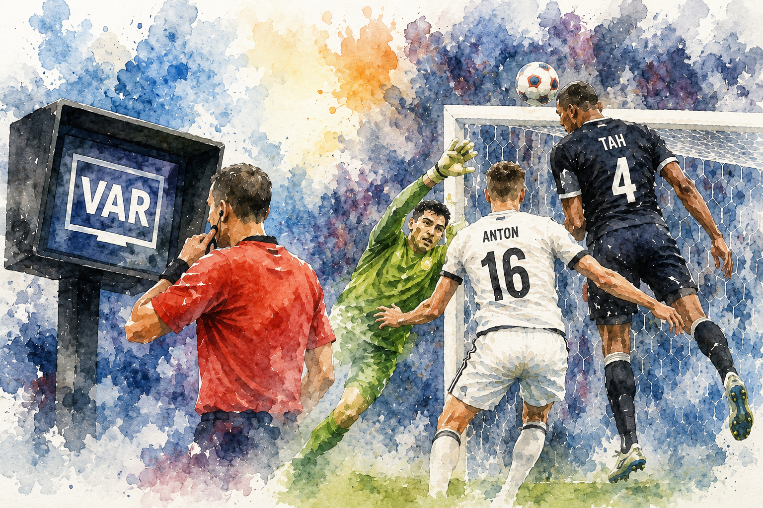 Illustration aquarelle d'un arbitre utilisant le VAR pendant une action devant le but lors du match Allemagne–Paraguay à la Coupe du monde 2026.