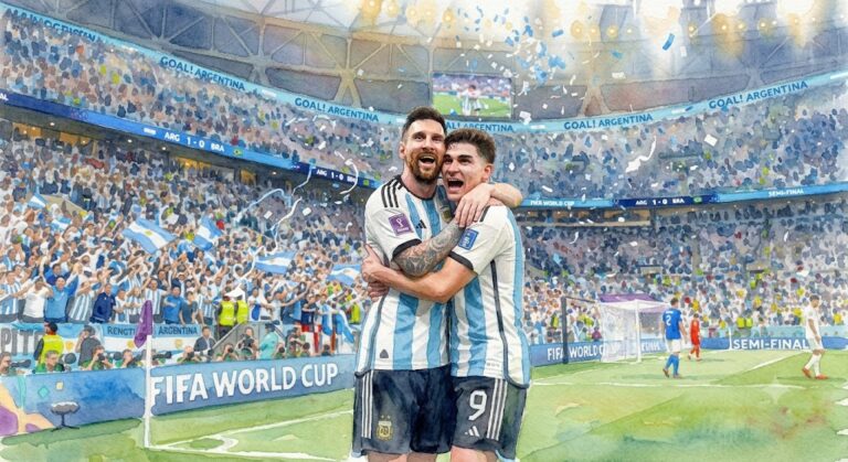 Illustration à l'aquarelle montrant deux footballeurs argentins en maillot rayé bleu et blanc s'enlaçant avec joie et intensité sur la pelouse. Ils célèbrent un but devant un stade de football complet et flou en arrière-plan, sous une pluie de confettis bleus et blancs et des projecteurs lumineux.