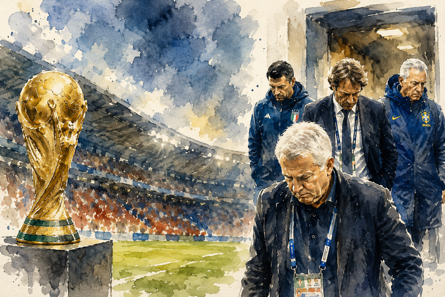 Illustration en aquarelle de plusieurs sélectionneurs quittant leurs postes après la Coupe du monde 2026, avec le trophée du Mondial au premier plan.