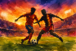 Illustration aquarelle de deux joueurs de football aux couleurs de l'Espagne et de la Belgique disputant le ballon dans un stade au coucher du soleil, avec une ambiance de Coupe du monde.