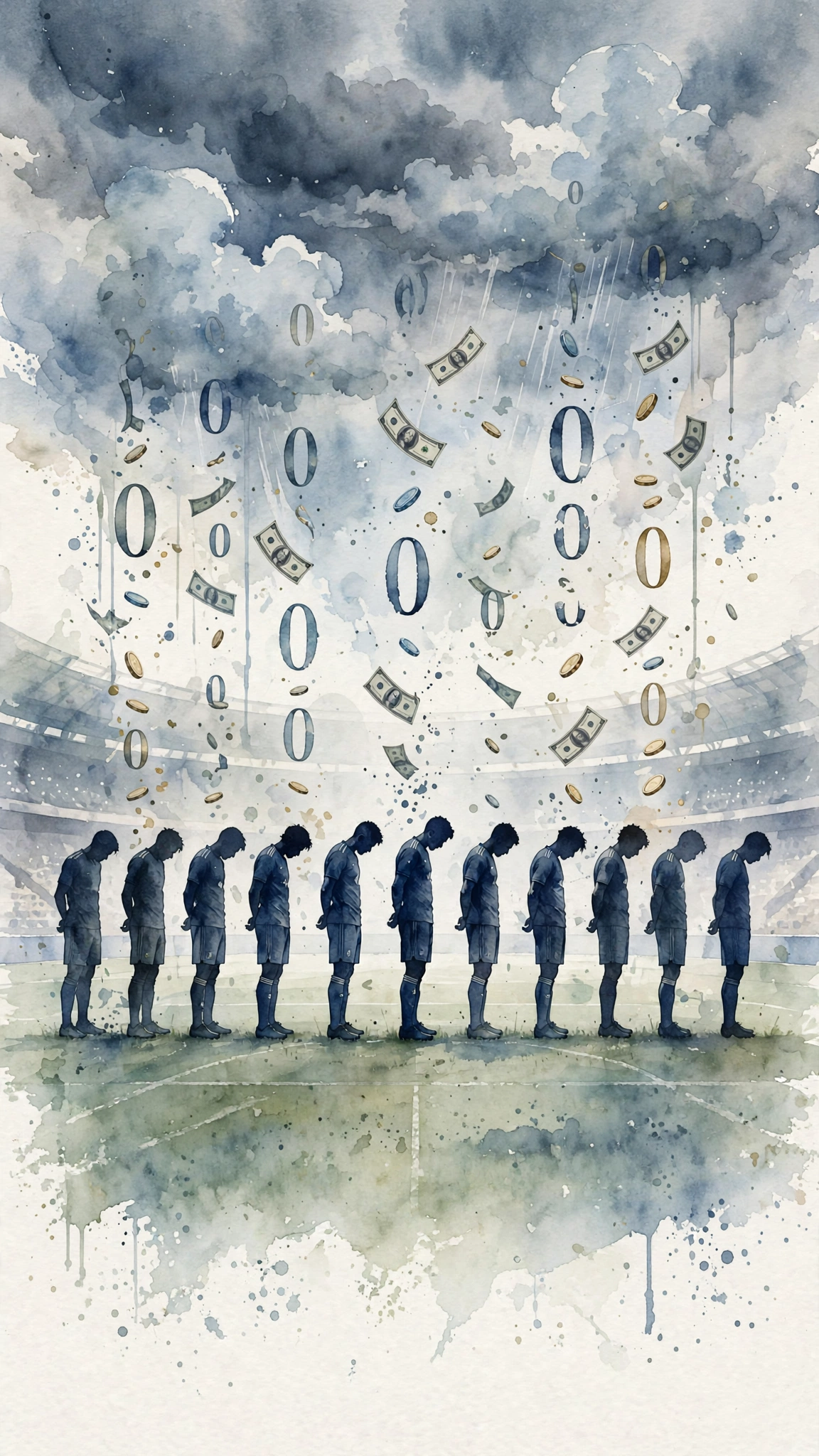 Illustration aquarelle de 11 footballeurs alignés tête baissée sur un terrain de Coupe du Monde, sous un ciel orageux avec une pluie de zéros, de pièces et de billets de banque symbolisant leur performance nulle malgré leur valeur en millions