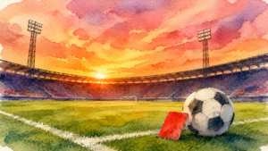 Illustration aquarelle d'un ballon de football et d'un carton rouge sur la pelouse d'un stade au coucher du soleil, avec projecteurs en arrière-plan.