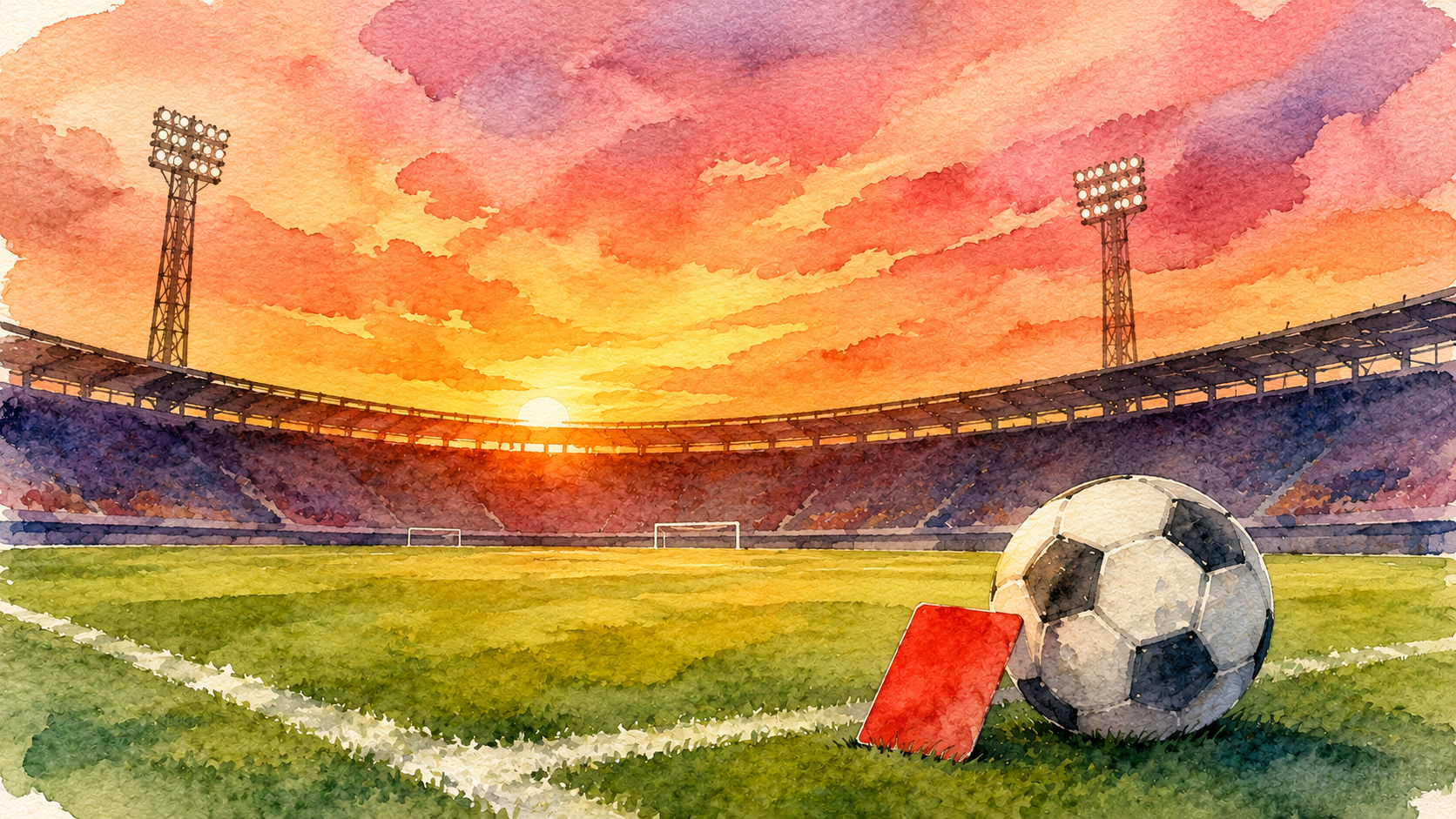 Illustration aquarelle d'un ballon de football et d'un carton rouge sur la pelouse d'un stade au coucher du soleil, avec projecteurs en arrière-plan.
