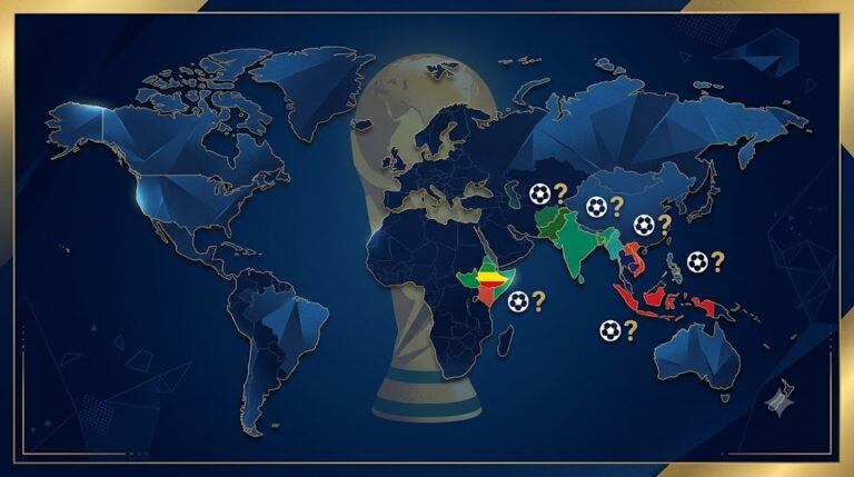 Carte du monde stylisée en bleu et or avec huit pays colorés en surbrillance (Inde, Pakistan, Indonésie, Bangladesh, Vietnam, Philippines, Thaïlande, Éthiopie). Un ballon de football et un point d'interrogation flottent au-dessus de ces régions. En arrière-plan, la silhouette floue du trophée de la Coupe du Monde de la FIFA apparaît discrètement.