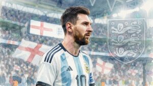 Illustration artistique en aquarelle de Lionel Messi en maillot de l'Argentine, de profil, sur fond de drapeaux d'Angleterre et de l'emblème des Three Lions.