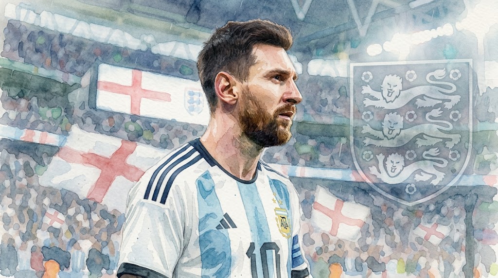 Illustration artistique en aquarelle de Lionel Messi en maillot de l'Argentine, de profil, sur fond de drapeaux d'Angleterre et de l'emblème des Three Lions.