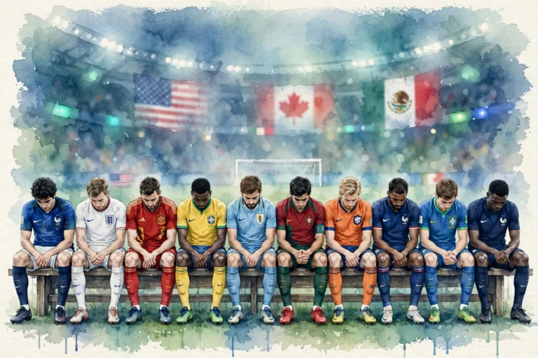 Illustration aquarelle de dix joueurs de football de différentes sélections assises déçus sur le banc des remplaçants lors de la Coupe du monde 2026, avec drapeaux des USA, du Canada et du Mexique en arrière-plan