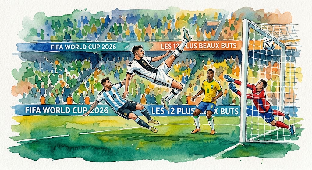 Illustration en aquarelle d'un joueur effectuant un tir acrobatique au but devant un stade plein lors de la Coupe du Monde 2026.