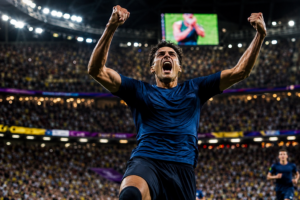 Joueur de football célébrant un but marqué juste après son entrée comme remplaçant en Coupe du Monde