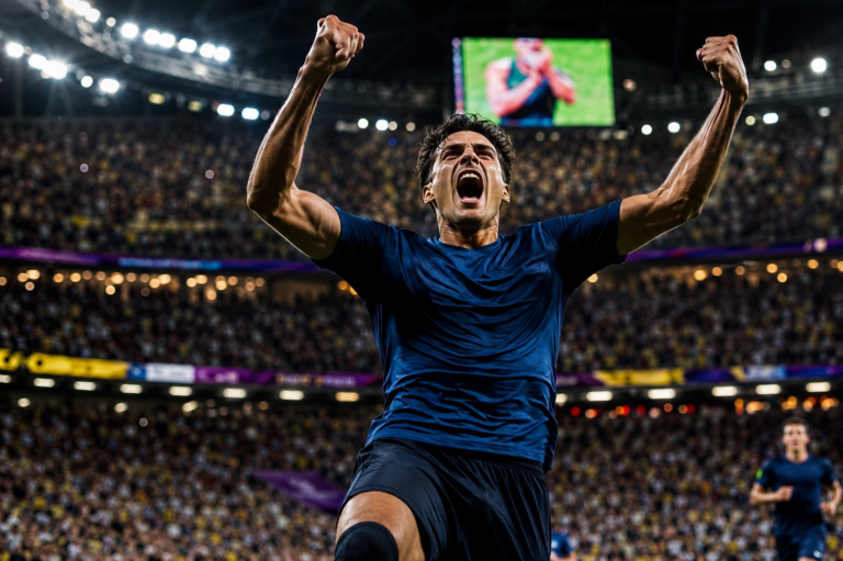 Joueur de football célébrant un but marqué juste après son entrée comme remplaçant en Coupe du Monde