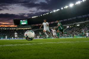 Ballon de football au premier plan dans un stade marocain illuminé au crépuscule, avec des joueurs en mouvement et des tribunes pleines de supporters en arrière-plan.