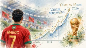Illustration aquarelle d'un joueur de l'équipe du Maroc de dos regardant un graphique en hausse de la valeur marchande et le trophée de la Coupe du Monde 2026