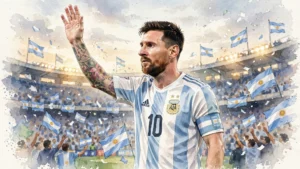 Illustration style aquarelle de Lionel Messi en maillot de l'Argentine numéro 10 saluant les supporters au stade, après l'annonce de sa retraite internationale
