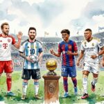 Illustration à l'aquarelle de cinq footballeurs souriants : Harry Kane, Lionel Messi, Lamine Yamal, Kylian Mbappé et Rodri, debout sur un terrain de football. Ils sont en maillot, tiennent des ballons et entourent le trophée doré du Ballon d'Or posé sur un piédestal central. Un stade bondé et un ciel nuageux forment l'arrière-plan.