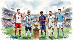 Illustration à l'aquarelle de cinq footballeurs souriants : Harry Kane, Lionel Messi, Lamine Yamal, Kylian Mbappé et Rodri, debout sur un terrain de football. Ils sont en maillot, tiennent des ballons et entourent le trophée doré du Ballon d'Or posé sur un piédestal central. Un stade bondé et un ciel nuageux forment l'arrière-plan.