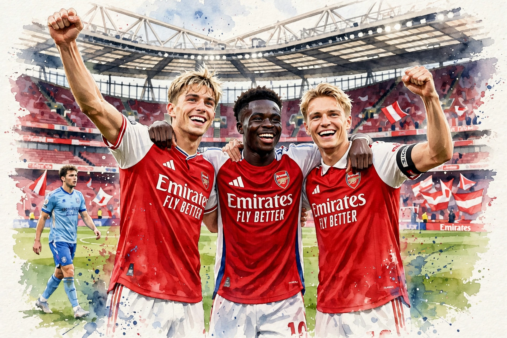 Kai Havertz Bukayo Saka Martin Odegaard celebrent victoire Arsenal 3-0 contre Coventry City Premier League illustration aquarelle