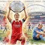 Illustration aquarelle de Martin Odegaard soulevant le trophée du Community Shield avec le maillot d'Arsenal, Erling Haaland de Manchester City assis dépité en arrière-plan à Wembley