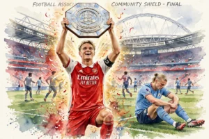 Illustration aquarelle de Martin Odegaard soulevant le trophée du Community Shield avec le maillot d'Arsenal, Erling Haaland de Manchester City assis dépité en arrière-plan à Wembley