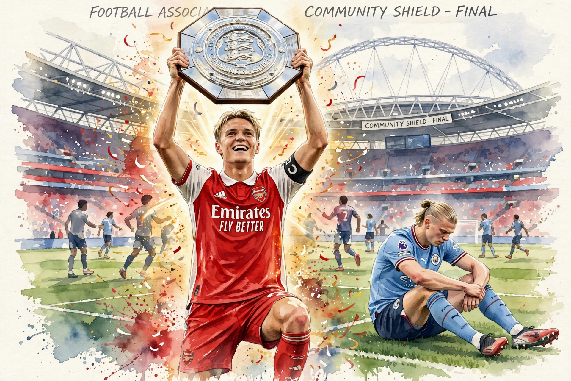 Illustration aquarelle de Martin Odegaard soulevant le trophée du Community Shield avec le maillot d'Arsenal, Erling Haaland de Manchester City assis dépité en arrière-plan à Wembley
