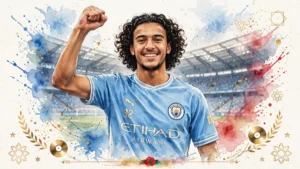 Illustration style aquarelle du footballeur marocain Ayoub Bouadi célébrant avec le maillot de Manchester City après son transfert record de 95 millions d'euros depuis Lille