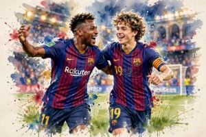Illustration aquarelle de Raphinha et Lamine Yamal célébrant la victoire 5-2 du FC Barcelone contre le Rayo Vallecano lors de la 3e journée de Liga