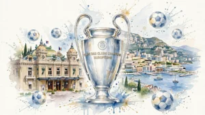 Illustration aquarelle du trophée de la Ligue des Champions devant le Casino de Monte-Carlo et la baie de Monaco lors du tirage au sort de la phase de ligue