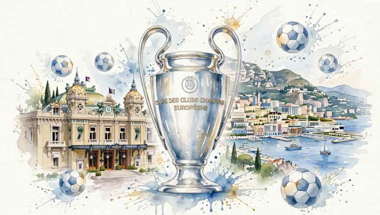 Illustration aquarelle du trophée de la Ligue des Champions devant le Casino de Monte-Carlo et la baie de Monaco lors du tirage au sort de la phase de ligue
