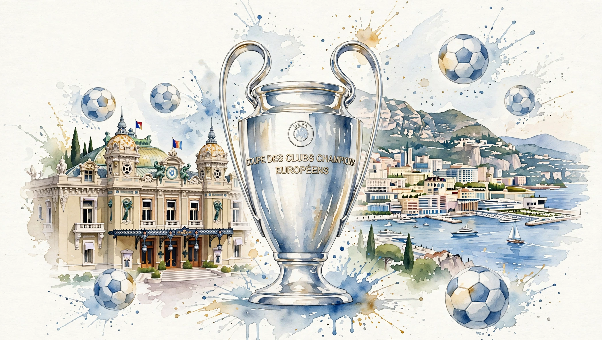 Illustration aquarelle du trophée de la Ligue des Champions devant le Casino de Monte-Carlo et la baie de Monaco lors du tirage au sort de la phase de ligue