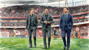 Illustration en aquarelle montrant Oliver Glasner, Mikel Arteta et Xabi Alonso sur le bord d'un terrain de football dans un stade de Premier League.